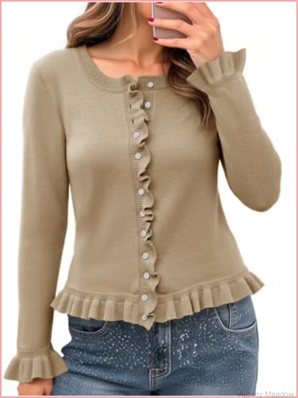 Ruffle Cardigan Long Sleeve Cropped Sweater Button Down Knit